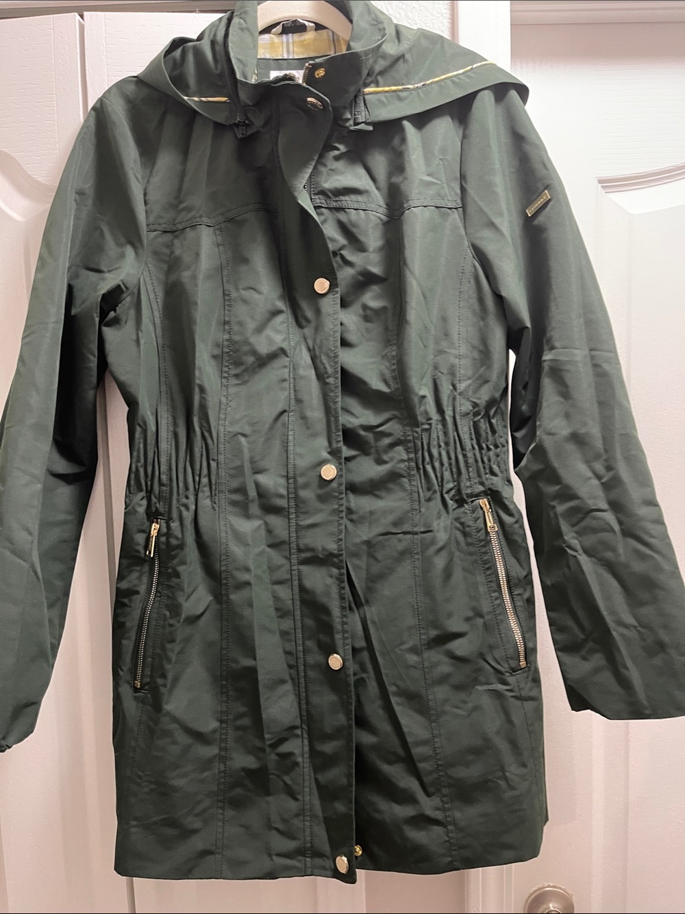 Laundry by Design Dark Green Hooded Trench Coat with Gold Hardware
